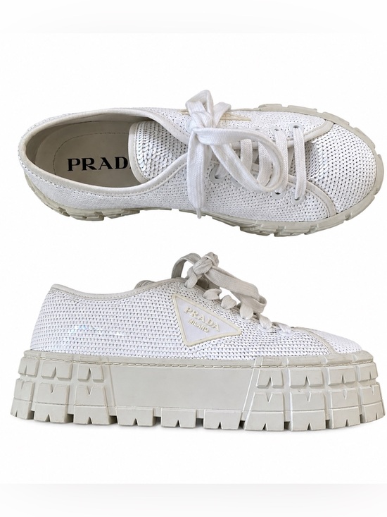 Prada Shoes - Prada White Sequin Platform Sneakers ✨
Size: 39.5 EU (fits approx US 9.5)